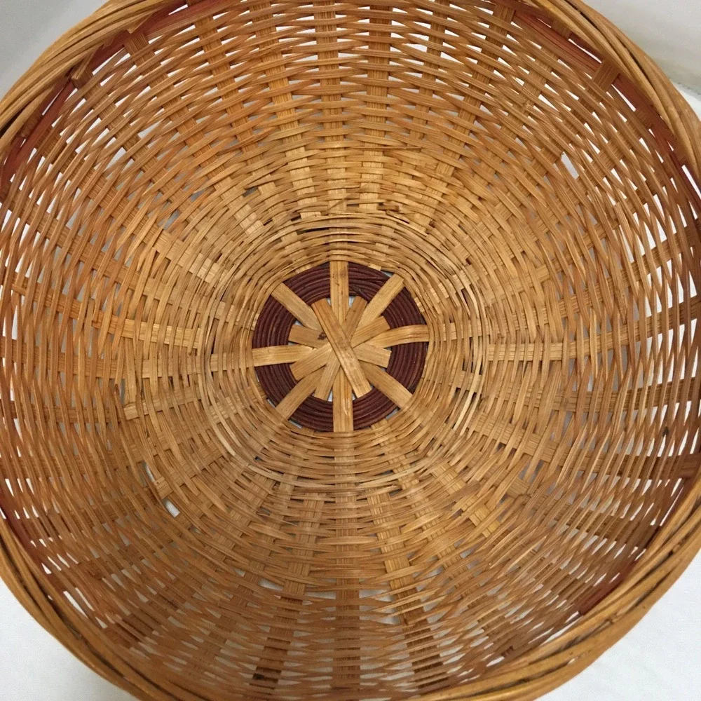 Round Wicker Basket Unisex 9 Inch Tan Woven Decorative Storage Bowl Cottagecore